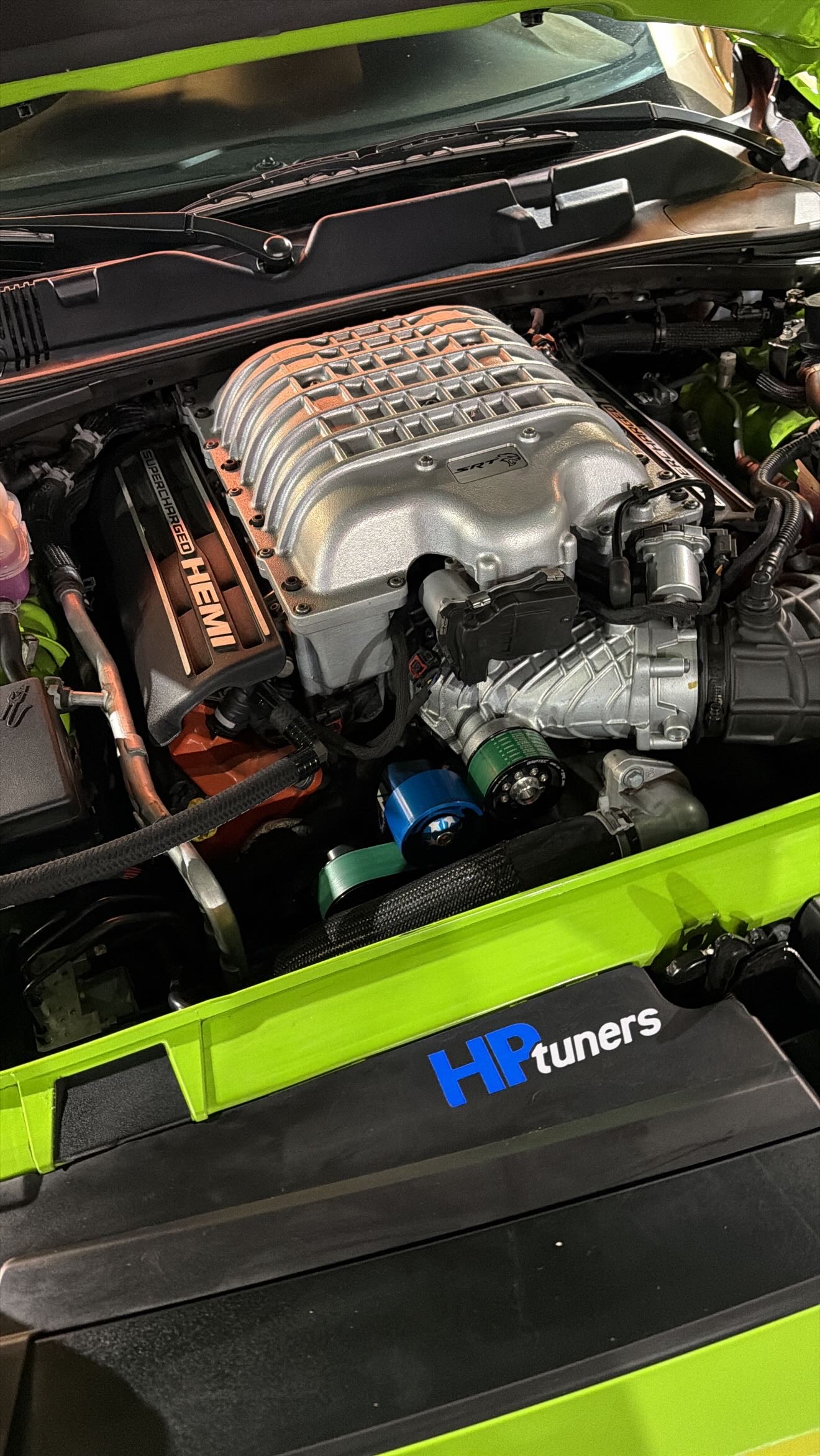 Reno SpeedShop Autowerks green Hellcat shop car engine bay